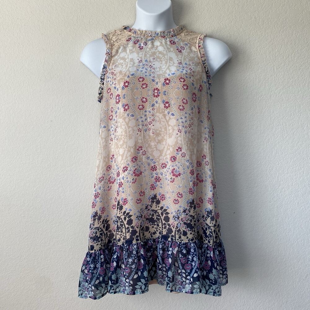 City Triangles Mock Neck Floral Pink Blue Dress XL Boho Casual Summer‎ Ruffle